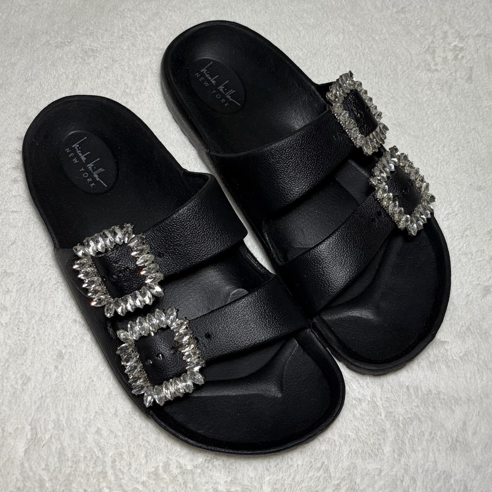 Nicole Miller MARINA Black Sandals with Crystal Buckles Sz 6